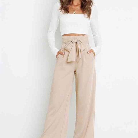 Tie Front Paperbag Wide Leg Pants