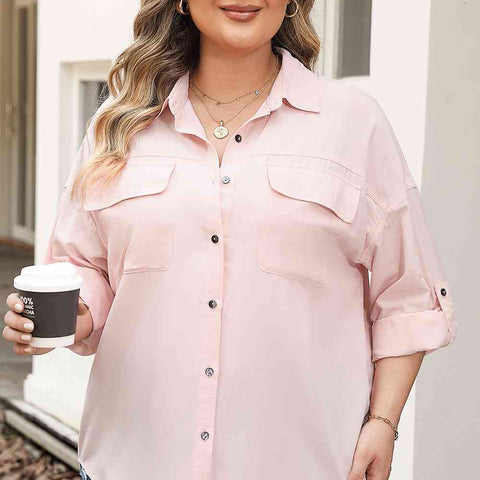 Plus Size Collared Neck Button Front Long Sleeve Shirt